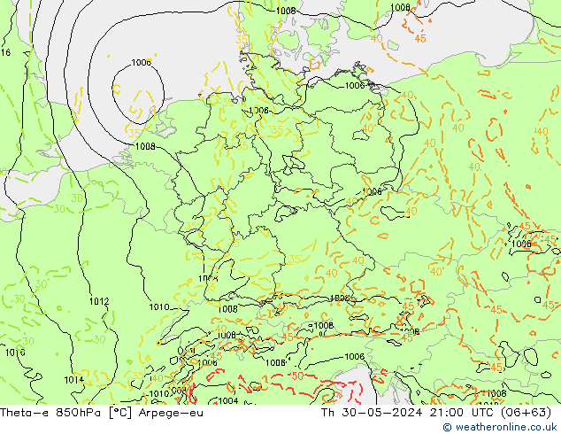 Theta-e 850hPa Arpege-eu jeu 30.05.2024 21 UTC