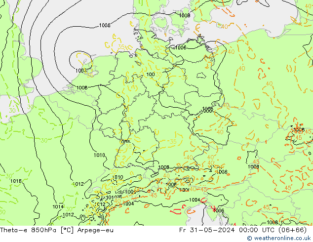 Theta-e 850hPa Arpege-eu ven 31.05.2024 00 UTC