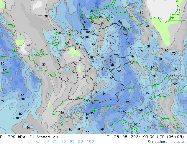 RH 700 hPa Arpege-eu Út 28.05.2024 09 UTC