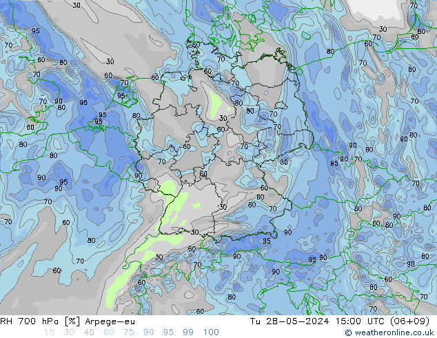 Humidité rel. 700 hPa Arpege-eu mar 28.05.2024 15 UTC