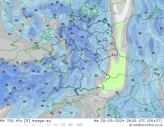 RH 700 hPa Arpege-eu Qua 29.05.2024 09 UTC