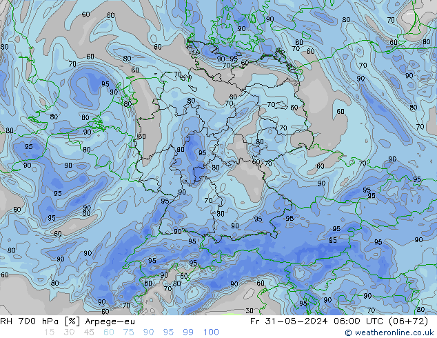 Humidité rel. 700 hPa Arpege-eu ven 31.05.2024 06 UTC