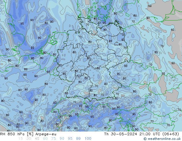 Humedad rel. 850hPa Arpege-eu jue 30.05.2024 21 UTC