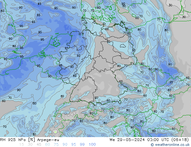 RH 925 hPa Arpege-eu Mi 29.05.2024 00 UTC