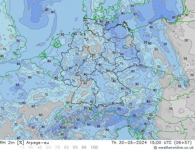 RH 2m Arpege-eu czw. 30.05.2024 15 UTC