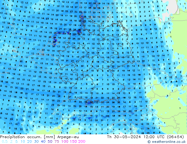 Precipitation accum. Arpege-eu czw. 30.05.2024 12 UTC