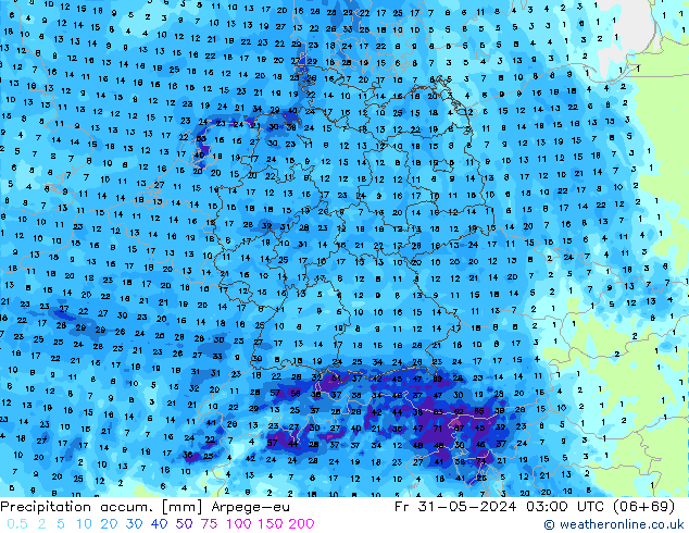 Precipitation accum. Arpege-eu Fr 31.05.2024 03 UTC