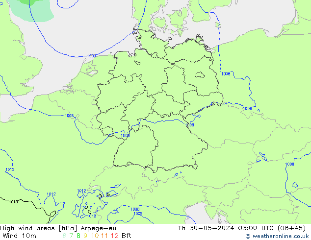 High wind areas Arpege-eu jue 30.05.2024 03 UTC