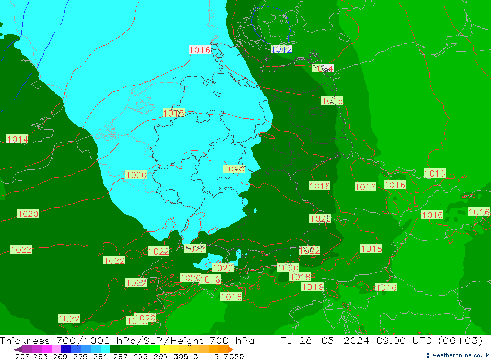 Thck 700-1000 hPa Arpege-eu 星期二 28.05.2024 09 UTC