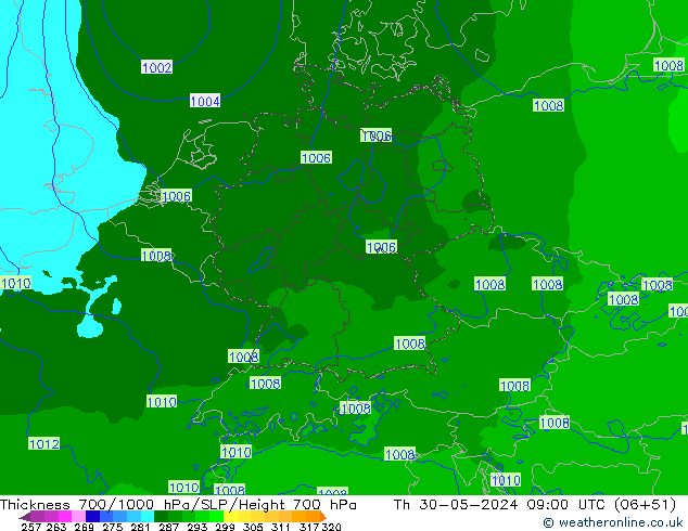 Dikte700-1000 hPa Arpege-eu do 30.05.2024 09 UTC