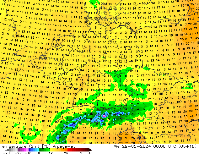 température (2m) Arpege-eu mer 29.05.2024 00 UTC