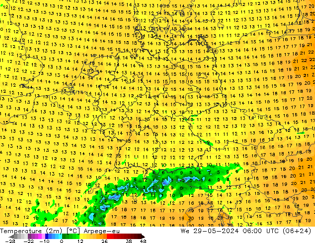 Temperatuurkaart (2m) Arpege-eu wo 29.05.2024 06 UTC