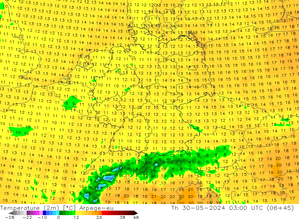 Sıcaklık Haritası (2m) Arpege-eu Per 30.05.2024 03 UTC