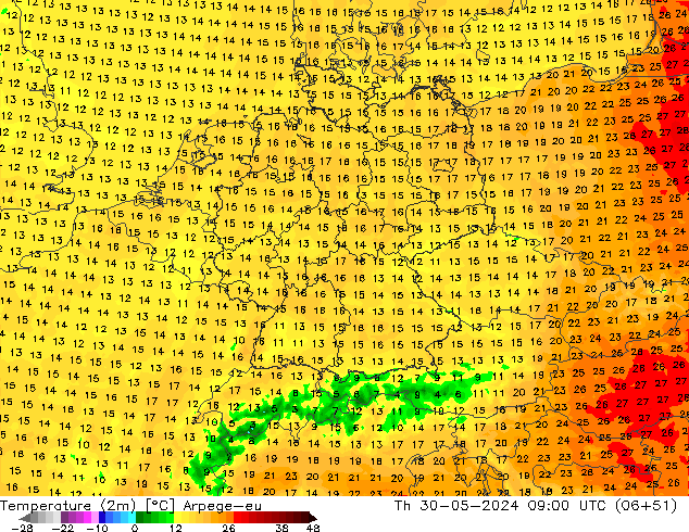 Temperature (2m) Arpege-eu Čt 30.05.2024 09 UTC