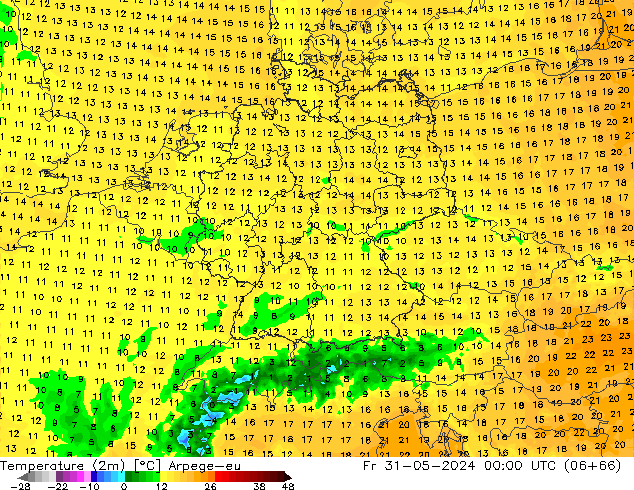 Temperatura (2m) Arpege-eu ven 31.05.2024 00 UTC