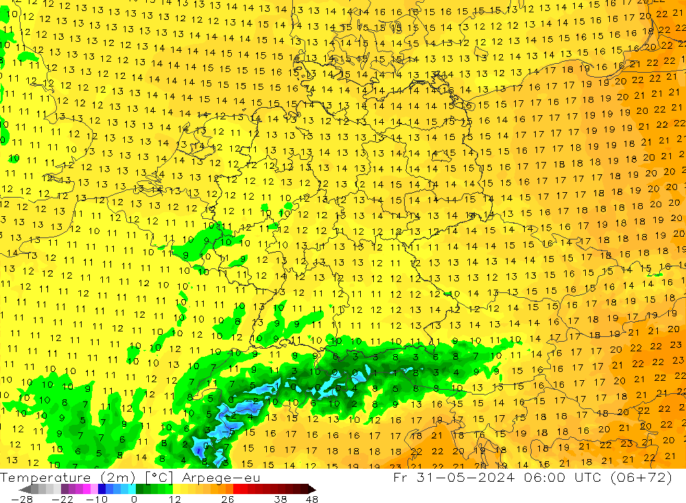 Temperatura (2m) Arpege-eu Sex 31.05.2024 06 UTC