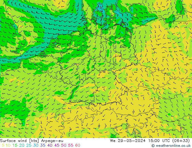 Vent 10 m Arpege-eu mer 29.05.2024 15 UTC