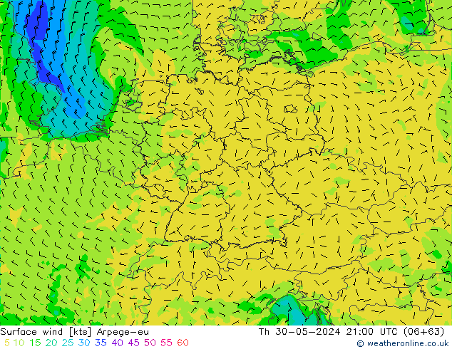 Surface wind Arpege-eu Th 30.05.2024 21 UTC