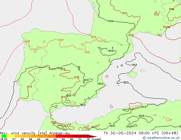 Max. wind velocity Arpege-eu czw. 30.05.2024 06 UTC