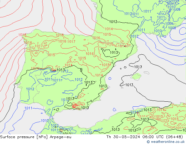 Pressione al suolo Arpege-eu gio 30.05.2024 06 UTC
