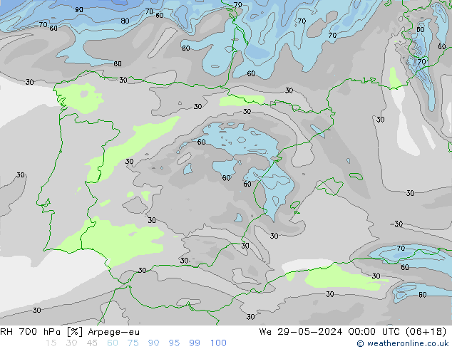 RH 700 hPa Arpege-eu We 29.05.2024 00 UTC