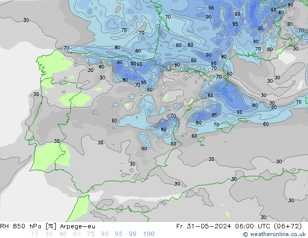RH 850 hPa Arpege-eu  31.05.2024 06 UTC