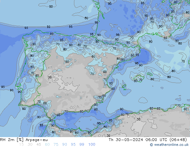 RH 2m Arpege-eu Th 30.05.2024 06 UTC