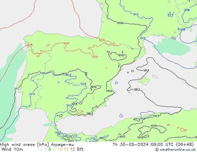 High wind areas Arpege-eu Th 30.05.2024 06 UTC