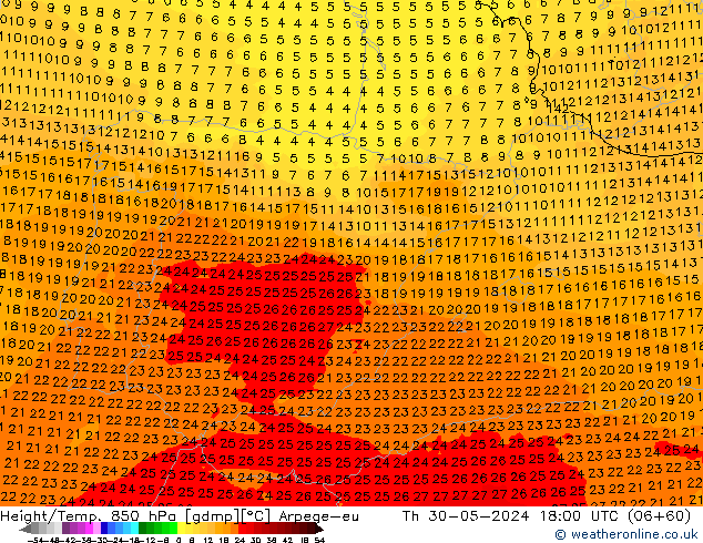 Height/Temp. 850 гПа Arpege-eu чт 30.05.2024 18 UTC