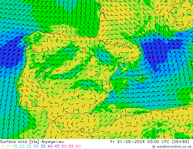 Wind 10 m Arpege-eu vr 31.05.2024 03 UTC