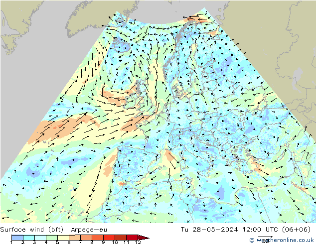 Surface wind (bft) Arpege-eu Tu 28.05.2024 12 UTC