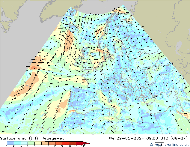 Surface wind (bft) Arpege-eu We 29.05.2024 09 UTC