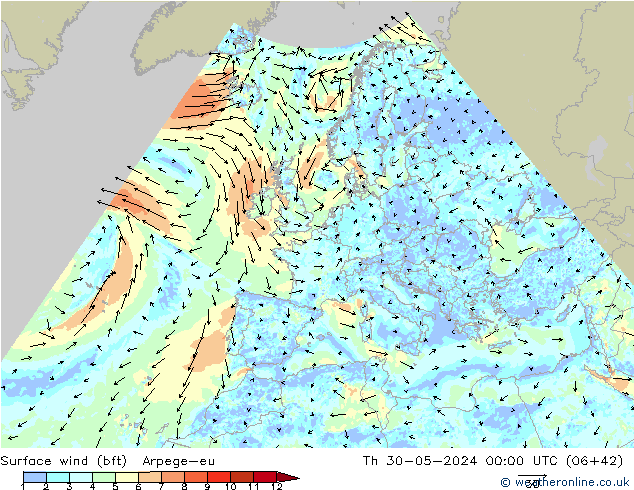 Surface wind (bft) Arpege-eu Th 30.05.2024 00 UTC