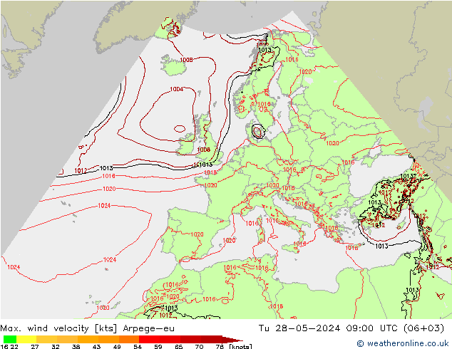 Max. wind velocity Arpege-eu 星期二 28.05.2024 09 UTC