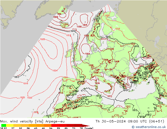 Max. wind velocity Arpege-eu Čt 30.05.2024 09 UTC