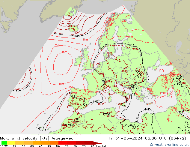 Max. wind velocity Arpege-eu ven 31.05.2024 06 UTC