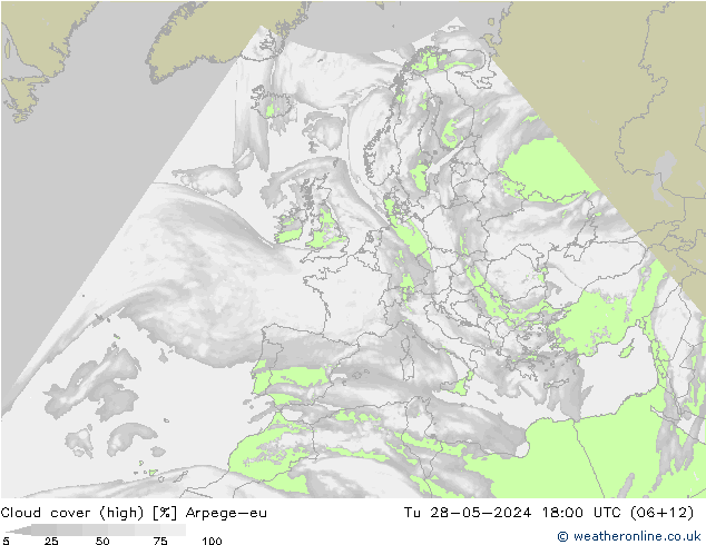 Cloud cover (high) Arpege-eu Tu 28.05.2024 18 UTC