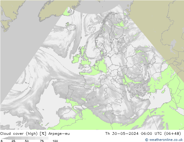 Cloud cover (high) Arpege-eu Th 30.05.2024 06 UTC