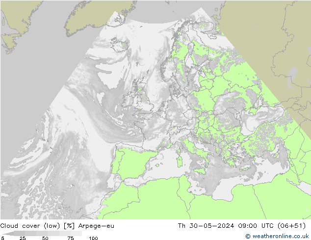 nízká oblaka Arpege-eu Čt 30.05.2024 09 UTC