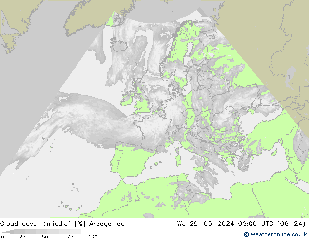 Cloud cover (middle) Arpege-eu We 29.05.2024 06 UTC