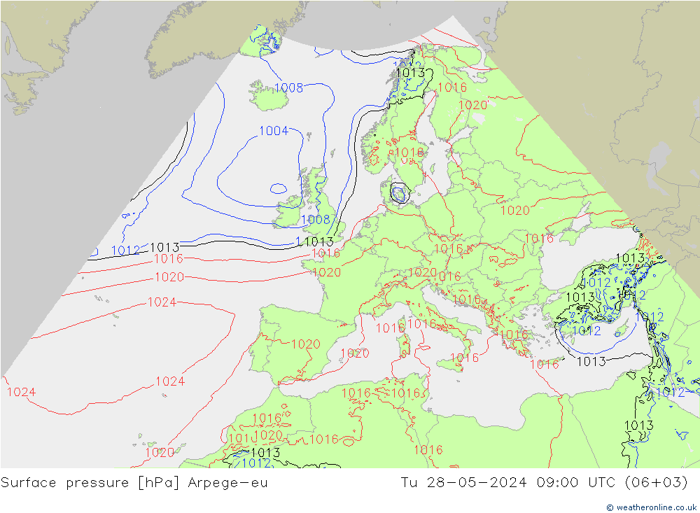 地面气压 Arpege-eu 星期二 28.05.2024 09 UTC