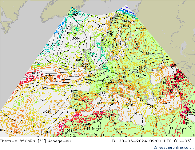 Theta-e 850hPa Arpege-eu Tu 28.05.2024 09 UTC