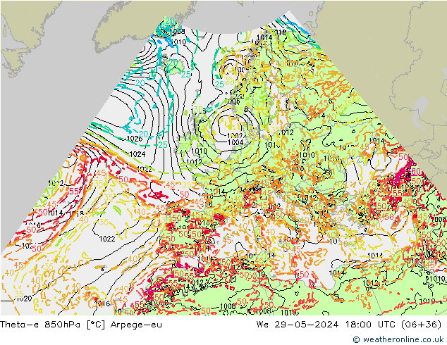 Theta-e 850hPa Arpege-eu mié 29.05.2024 18 UTC