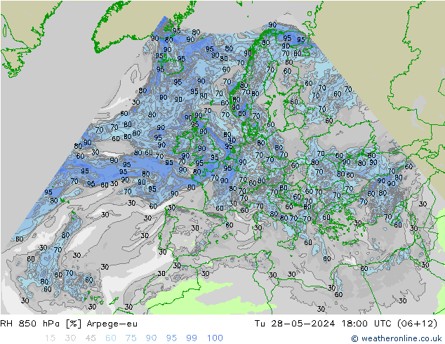 RH 850 hPa Arpege-eu Tu 28.05.2024 18 UTC