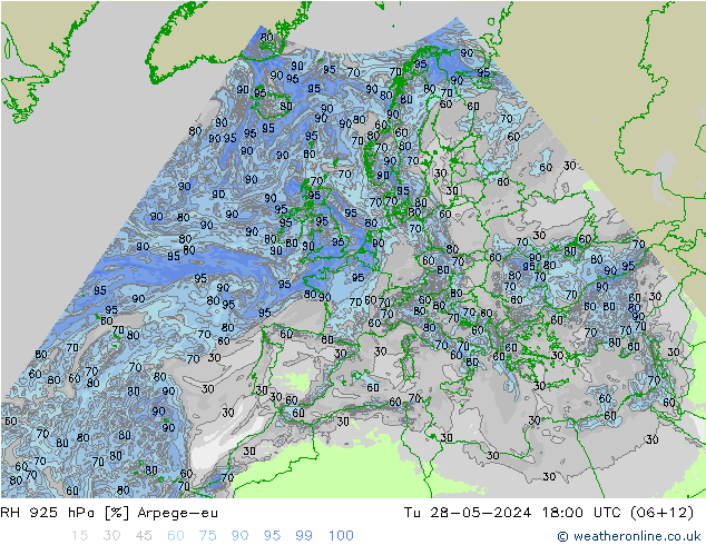 RH 925 гПа Arpege-eu вт 28.05.2024 18 UTC