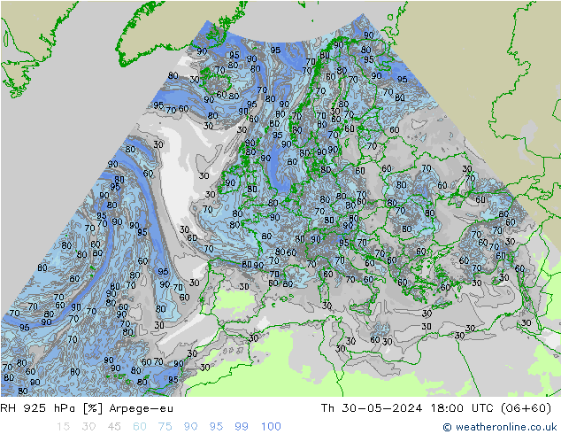 RH 925 hPa Arpege-eu Th 30.05.2024 18 UTC