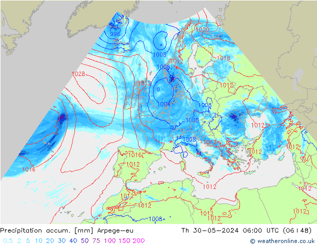 Precipitation accum. Arpege-eu Qui 30.05.2024 06 UTC