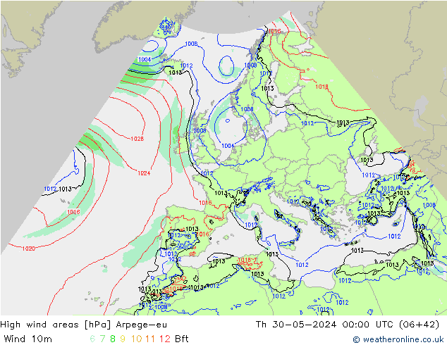 High wind areas Arpege-eu Qui 30.05.2024 00 UTC