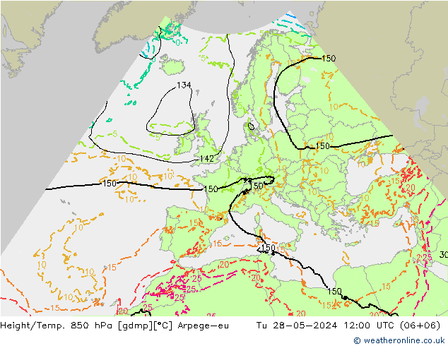 Height/Temp. 850 hPa Arpege-eu Út 28.05.2024 12 UTC