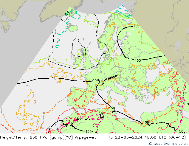 Height/Temp. 850 hPa Arpege-eu Út 28.05.2024 18 UTC